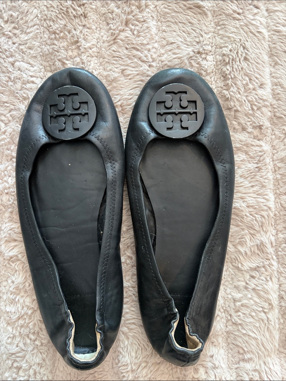 Tory Burch Black Leather Logo Round-Toe Ballet Flats